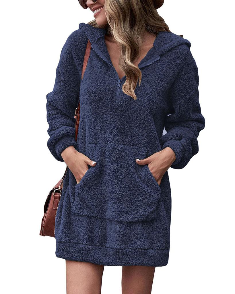 Damen Samt Kapuzenmantel Doppelseitig Plüschtaschen Locker Winter Warm Pulloverjacke Herbst Winter Kleidung