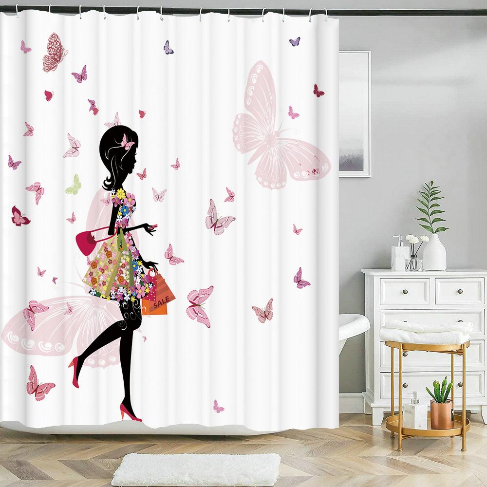 Butterfly Flower Girl Bathroom Curtain Polyester Waterproof Fabric Shower Curtain Valentine's Day Heart Pattern Bathtub Screen