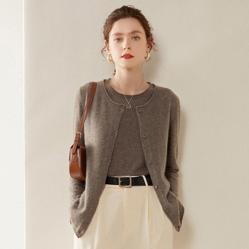 Women's Long-Sleeve Cashmere Cardigan - Round Neck, Cuffed, Single-Breasted, Loose Fit, Slimming Sweater for 2024 Autumn/Winter