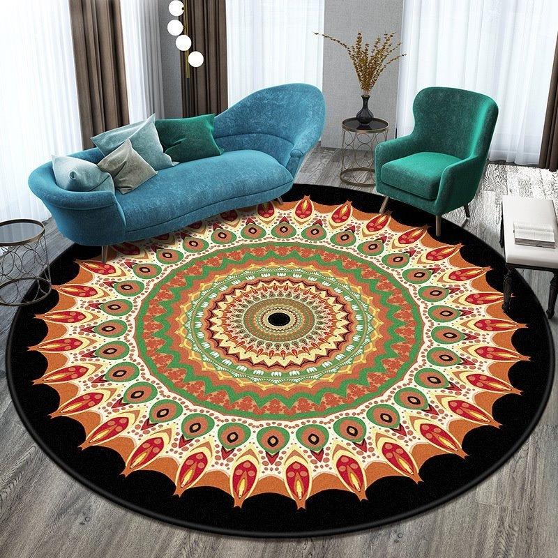 Round Area Rug With Mandala Style Geometric Floral Patterns In Vibrant Colors Boho Chic Style Soft Durable Floor Decor