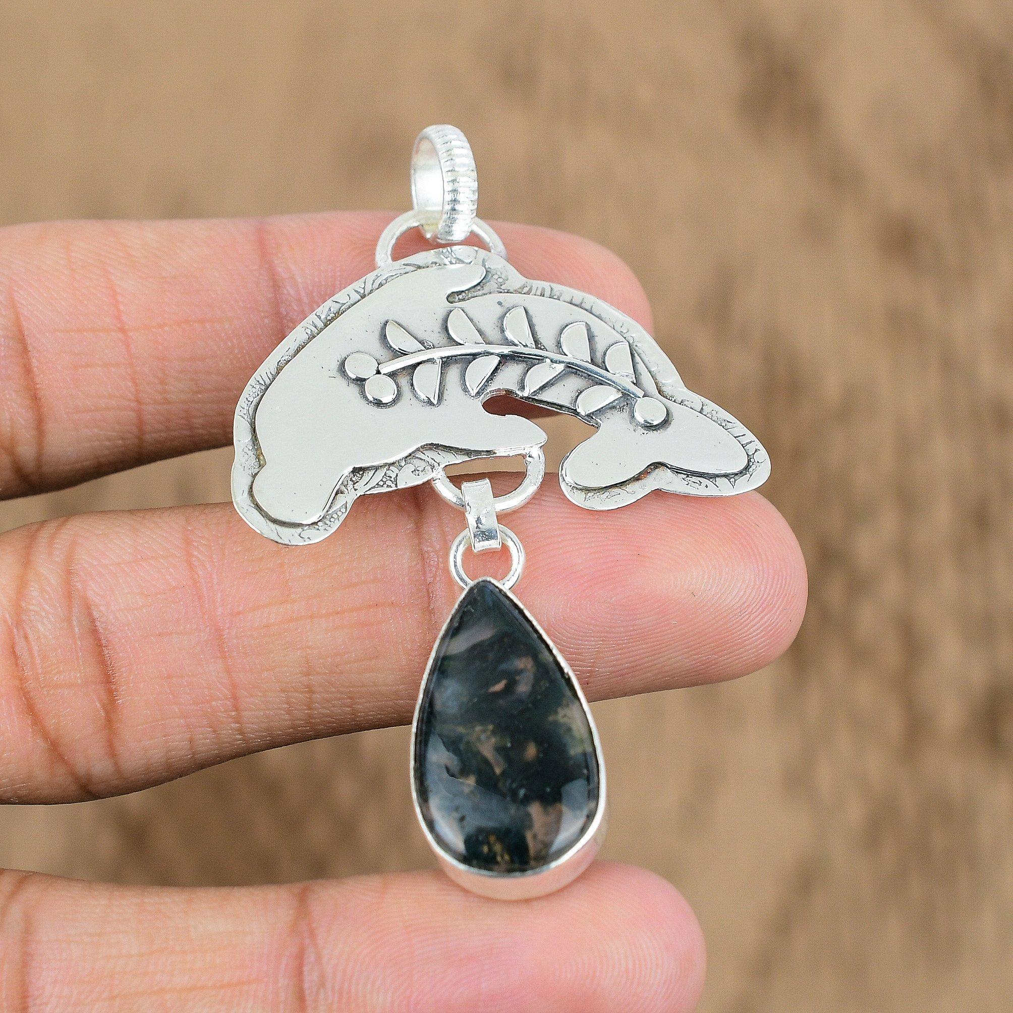 

Pear Solar Moss Agate Gemstone Birthday Engagement Boho Fish Pendant 925 Silver