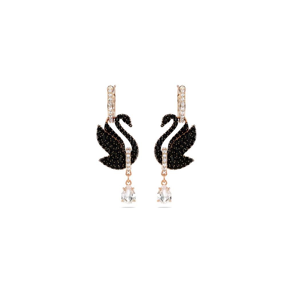 Swarovski Swan Drop Earrings Swan/Black/Rose Gold-tone Plated