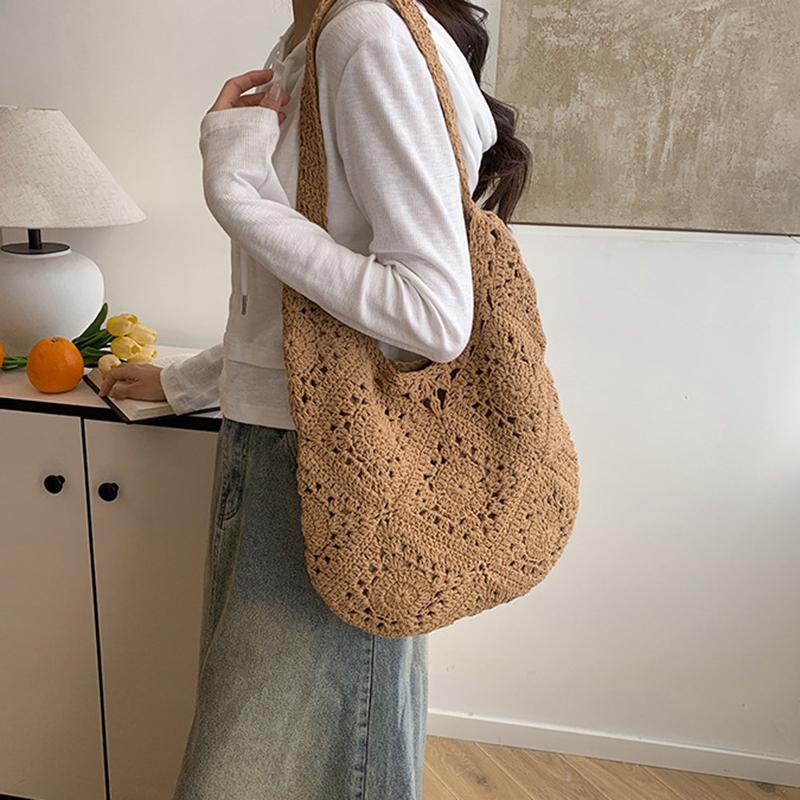 Women Woven Bag Chic Hobo Bag Large Capacity Weaving Shoulder Purse Stylish Hollow Out Handbag Vacation Bag