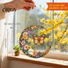 Retro Mosaic Painted Art Moon-Shaped Wreath Acrylic Hanging Ornament, Butterfly Angel Floral Stained Glass Style Colorful Bouquet Pendant Window Decor