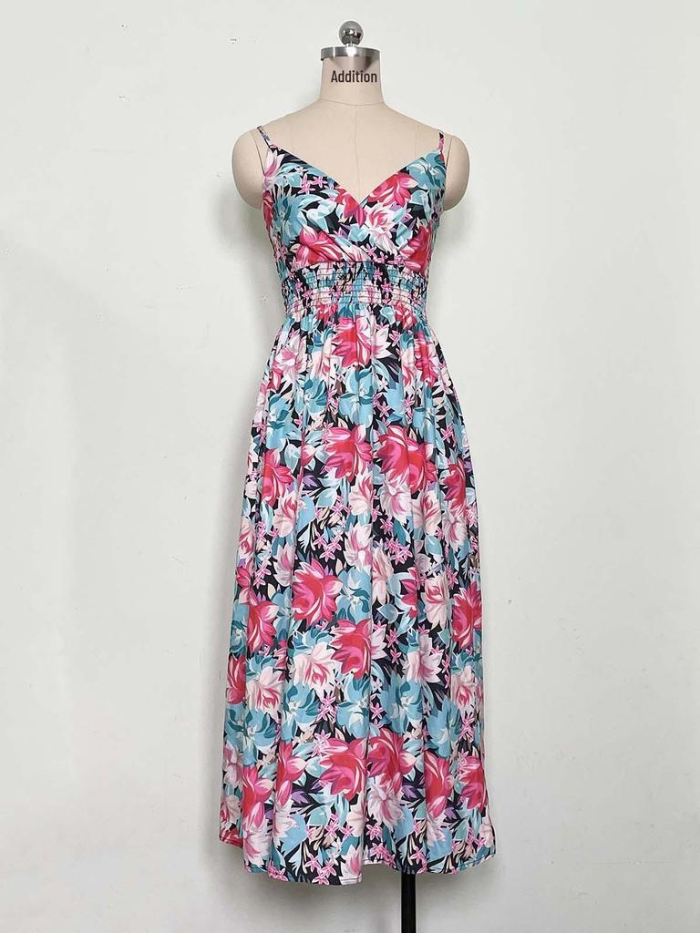 2023 Summer Bestseller: Women's V-neck Spaghetti Strap Print Dress - European & American Style, Waist-Cinching Design