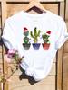 Christmas Cactus with Santa Hats and String Lights White TShirt with Colorful Flower Pot Details Unique Casual Top for Women