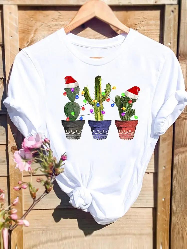 Christmas Cactus with Santa Hats and String Lights White TShirt with Colorful Flower Pot Details Unique Casual Top for Women