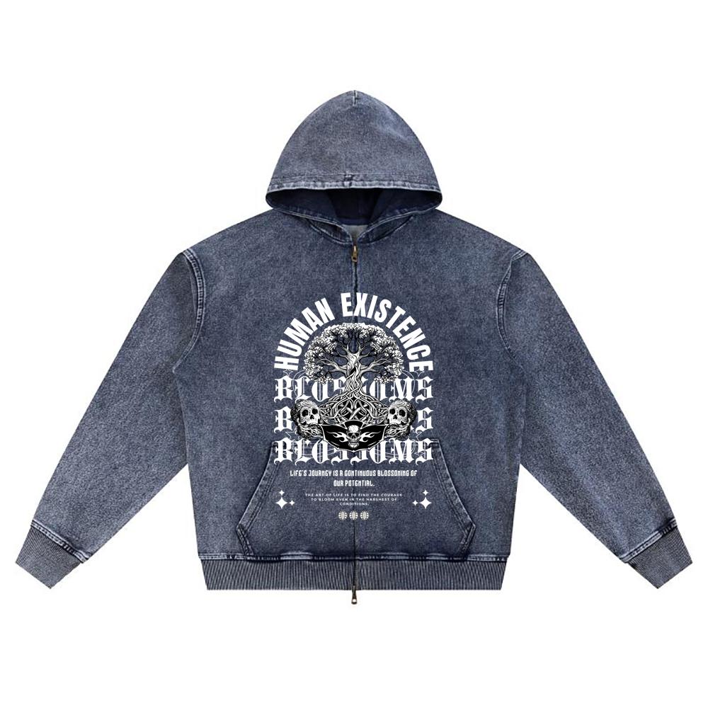 

DTG print Knitted Denim Zip-Up Hoodie Human Existence Streetwear Brother Print Zipper Hoodies XL темно-синий