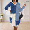 Women Plus Size V Neck Long Sleeve Printed Loose Fit Curved Hem Dress