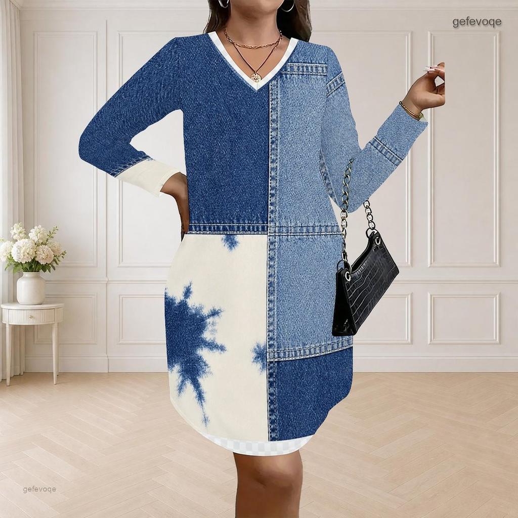 Women Plus Size V Neck Long Sleeve Printed Loose Fit Curved Hem Dress