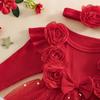 Newborn Baby Girl Christmas Red Romper Tulle Flower Bow Ruffle Jumpsuit Party Xmas Costumes Headband Outfits