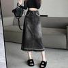Frayed Hem Denim A-Line Midi Skirt for Women – Pear-Shaped, Bodycon Design In Black/Grey, Hot Girl Style for Summer