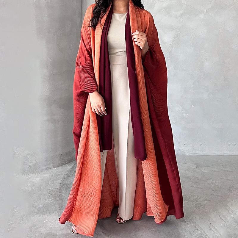 Wrinkled Women's Windbreaker Jacket Bat Sleeve Scarf Collar, Gradient Long Robe Fashion Retro Coats and Jackets Women