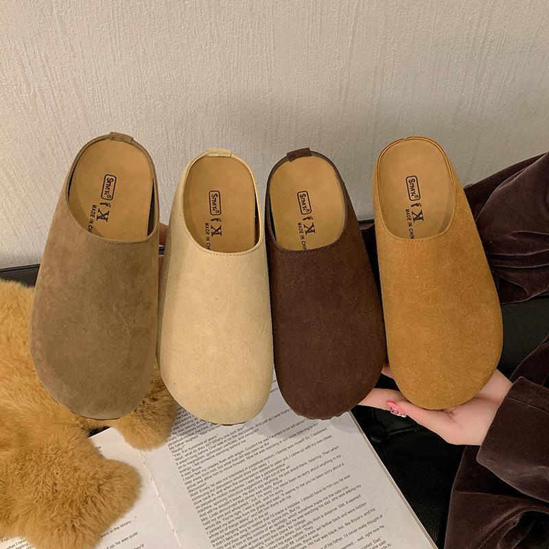 Leather Platform Women's Shoes Wear Bag Head Half Slippers Autumn New Retro Casual Boken Single Shoes