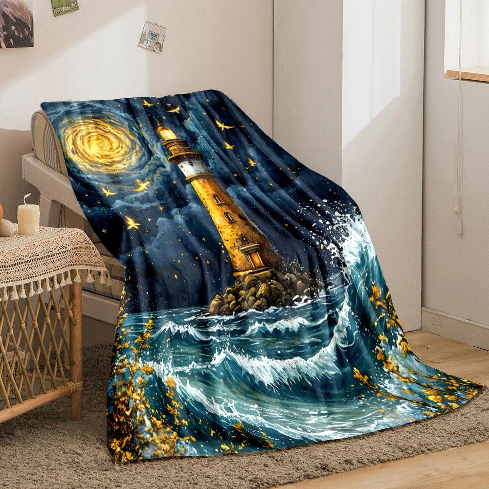 A Glowing Lighthouse with Golden Swirls, Fireflies, and Ocean Waves. for All Seasons Blanket Lunch Break Throw Gift