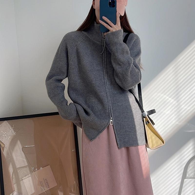 

GMXIA Кардиган с двойными молниями и лацканами Sense Knit, женский осенне-зимний ленивый свитер One Size серый