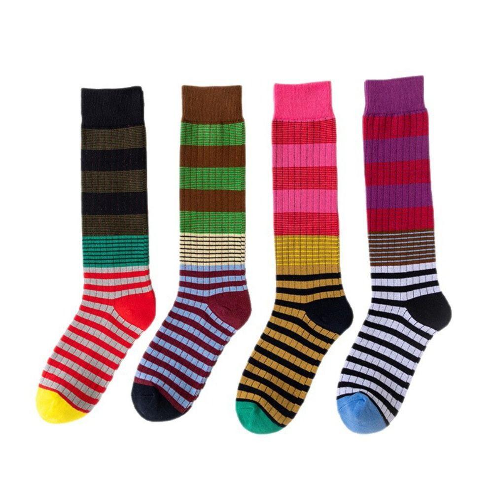 4pairs Patchwork Colorful Striped Calf Socks Japanese Style Retro Pile Socks  Girl