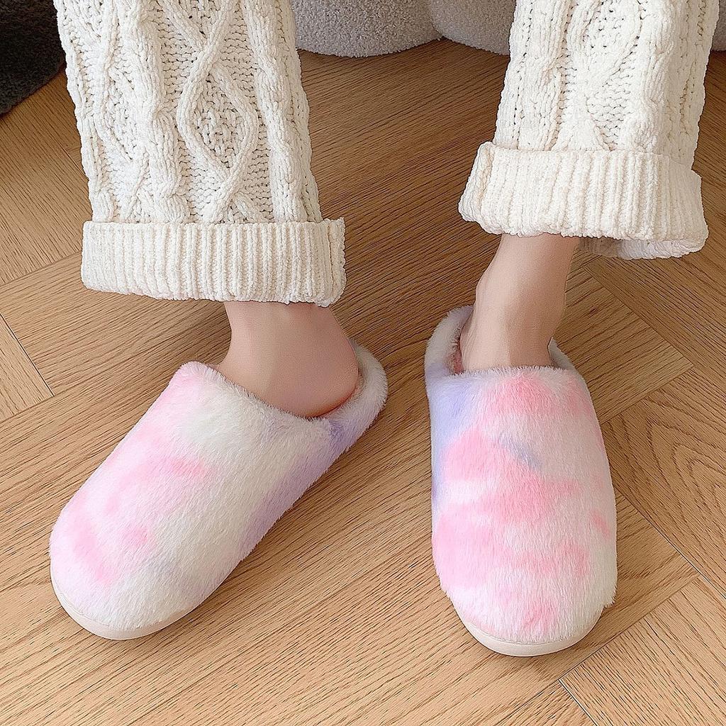 Tie Dye Fluffy Bedroom Slippers Women New Winter Cozy Warm Plush Indoor Home Slippers Woman Fashion Gradient Soft Fuzzy Slides