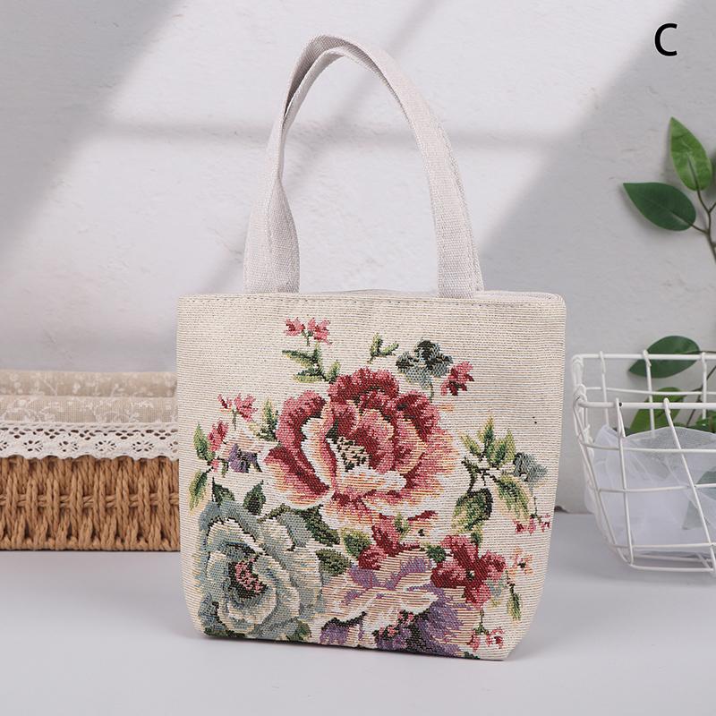 Embroidery Canvas Bag Cute Butterfly Rabbit Peony Tote Bag Small Shoulder Traveling Pouch Handbag Grocery Storage Bag