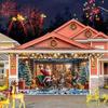 2D door curtain banner, Christmas garage door banner - Santa Claus and reindeer sleigh scene, gifts and garlands, polyester