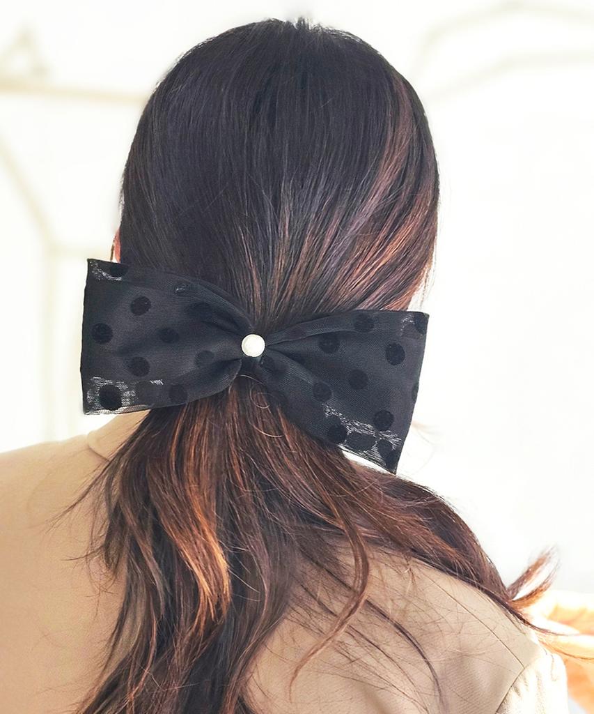 Racoha Polka Dot Mesh Pearl P Big Ribbon Hairpin