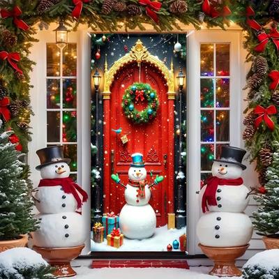 Christmas Snowman Door Cover Decoration Merry Christmas Curtain Navidad Santa Open the Door Banner Welcome Background Backdrop