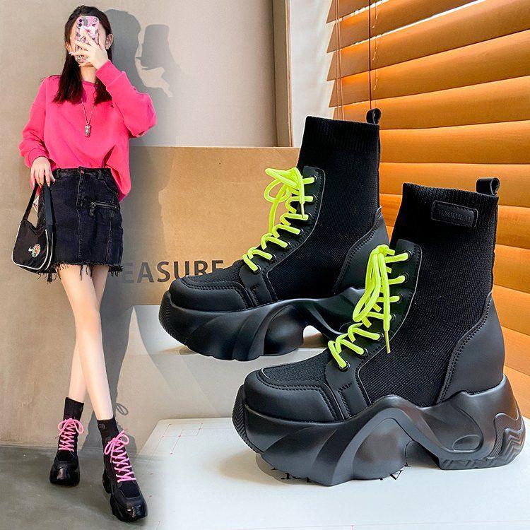 2025 Spring Women Thick Sole Ankle Boots Autumn Casual Boots Women's 7cm High Heels Wedge Boots Shoes Woman Sneakers