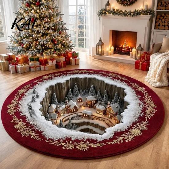 Indoor Christmas Rug 3D Round Rug, Optical Illusion Santa Claus Area 39 Holiday Decorative Inch Quilted-Like Floor Mat for Living Room Bedroom