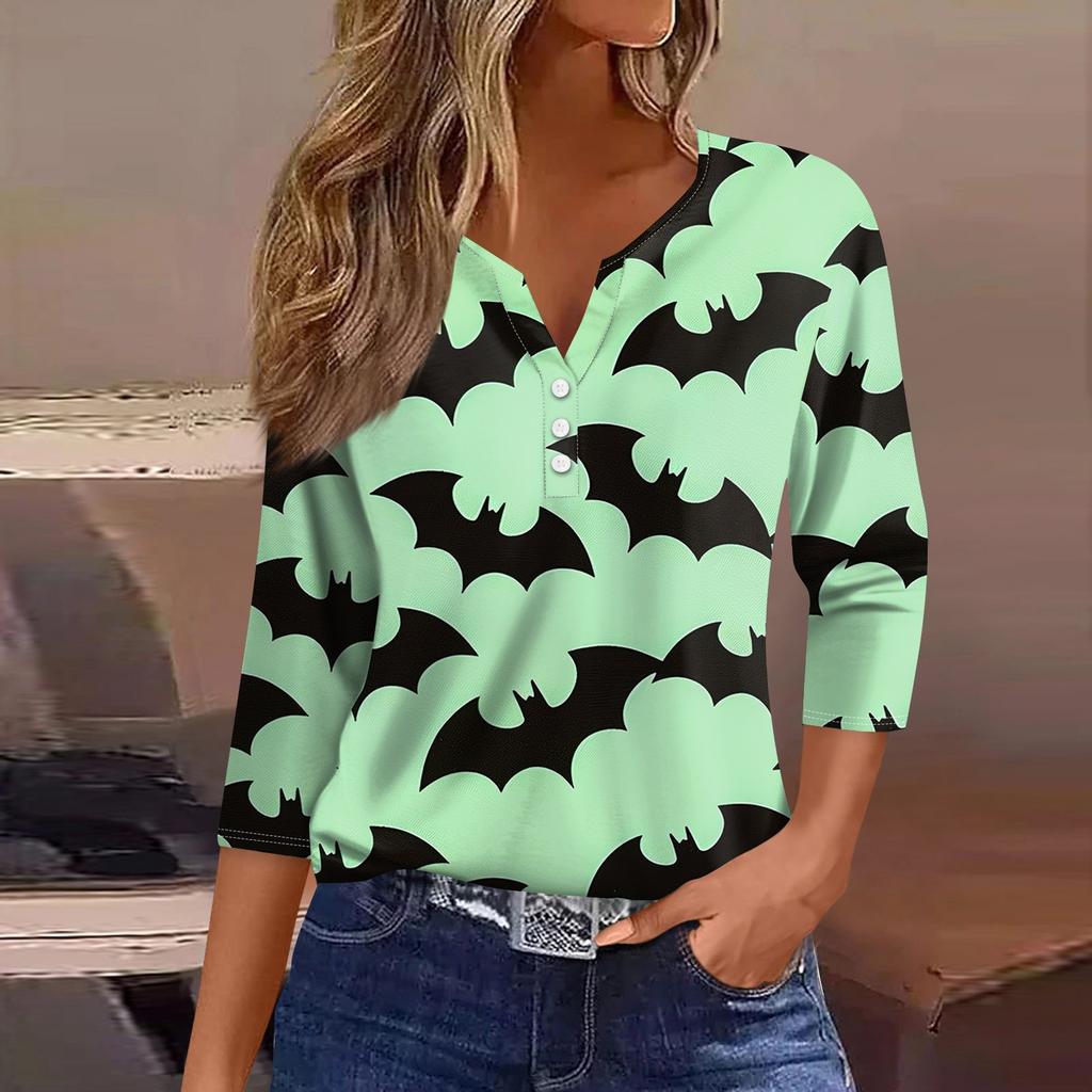 Damen T-Shirt mit Aufdruck, Knopfleiste, 3/4-Ärmel, für den Alltag, Wochenende, Basic, V-Ausschnitt, normales Oberteil