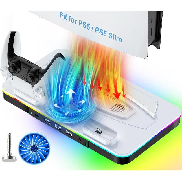 для подставки PS5, для подставки PS5 Slim, для PS5 Slim/PS5 станция охлаждения с RGB-светодиодами, меняющими цвет, зарядка контроллеров, двойное зарядное устройство для контроллеров для