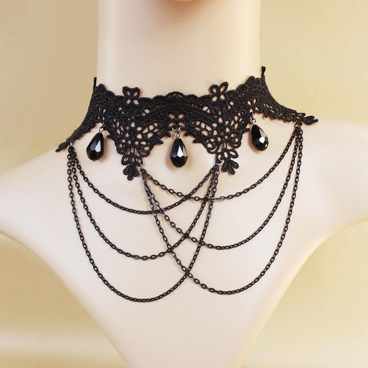 Lace Collar Gothic Punk Choker with Black Crystal Tassel