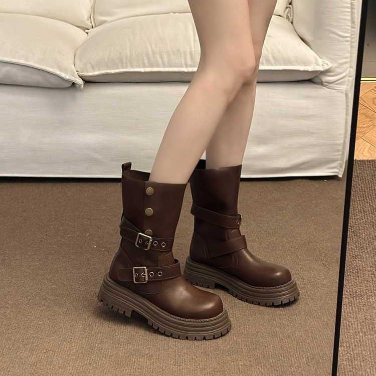 British Martin boots women's new spring and autumn versatile retro two-wear medium boots thick-soled black boots