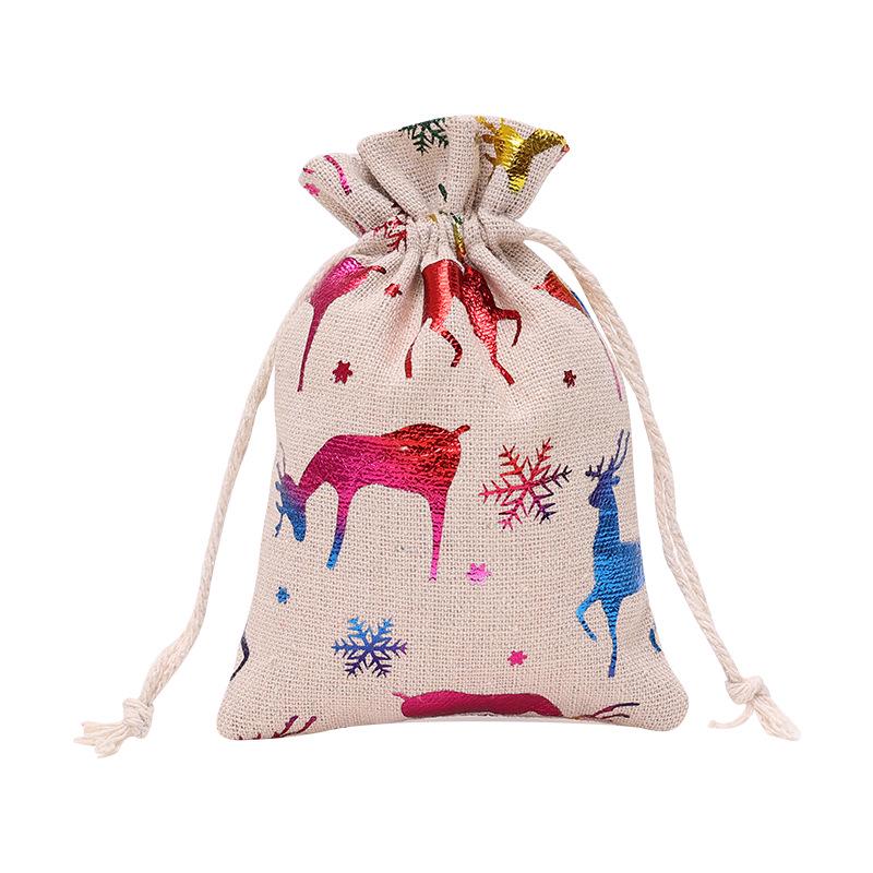 Christmas Gold Foil Cotton Linen Drawstring Gift Bag for Candy