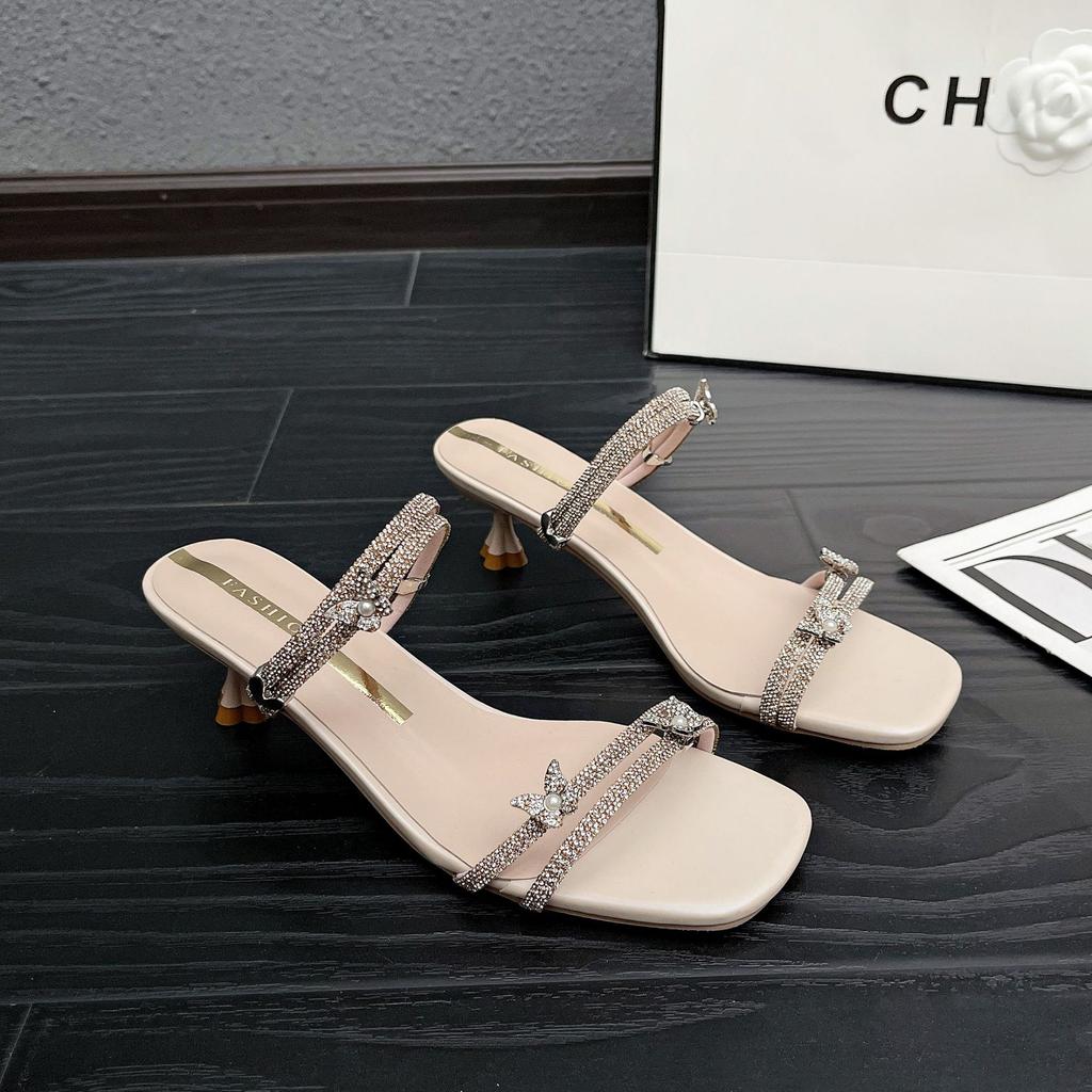 Rhinestone casual sandals women's summer 2025 new models with skirt temperament French open-toed beautiful thick heels cool slippers outside wear
