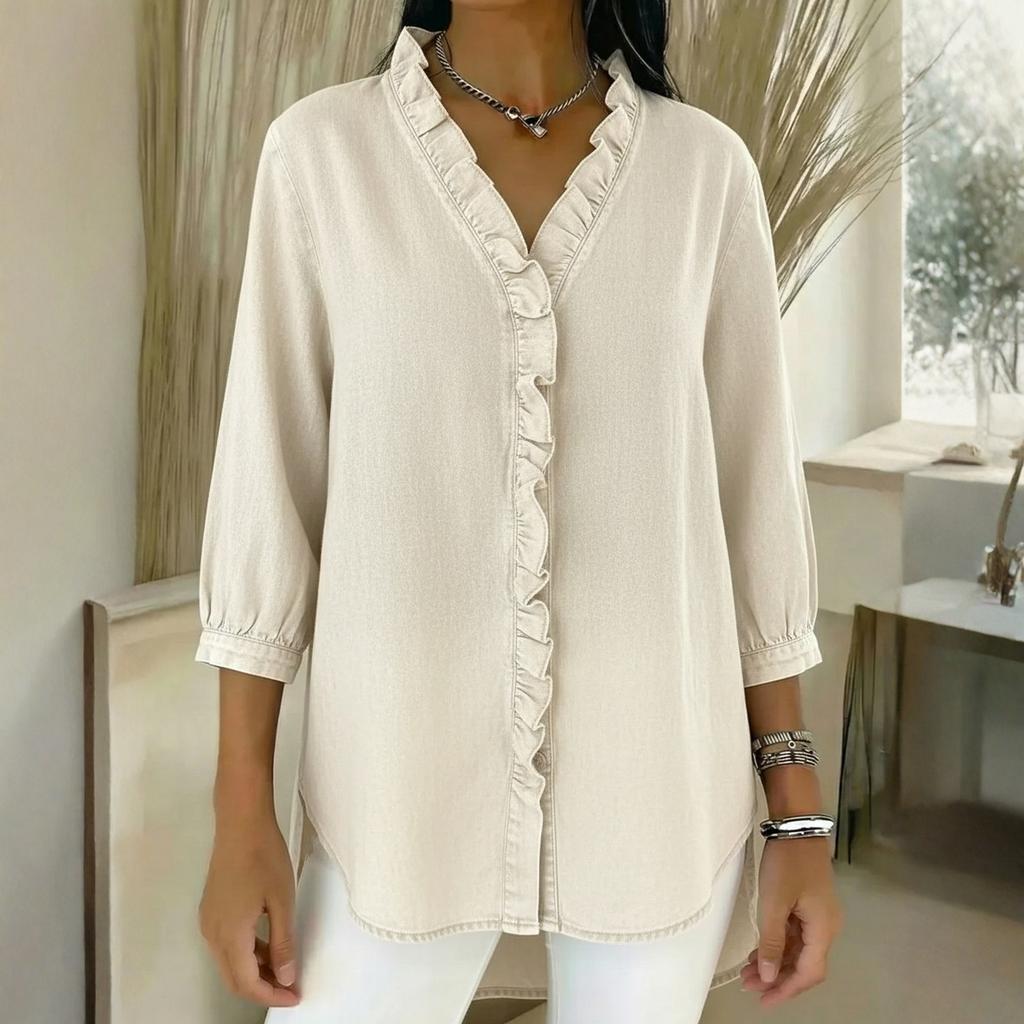 Dámská módní ležérní džínová košile s V-výstřihem a volánky