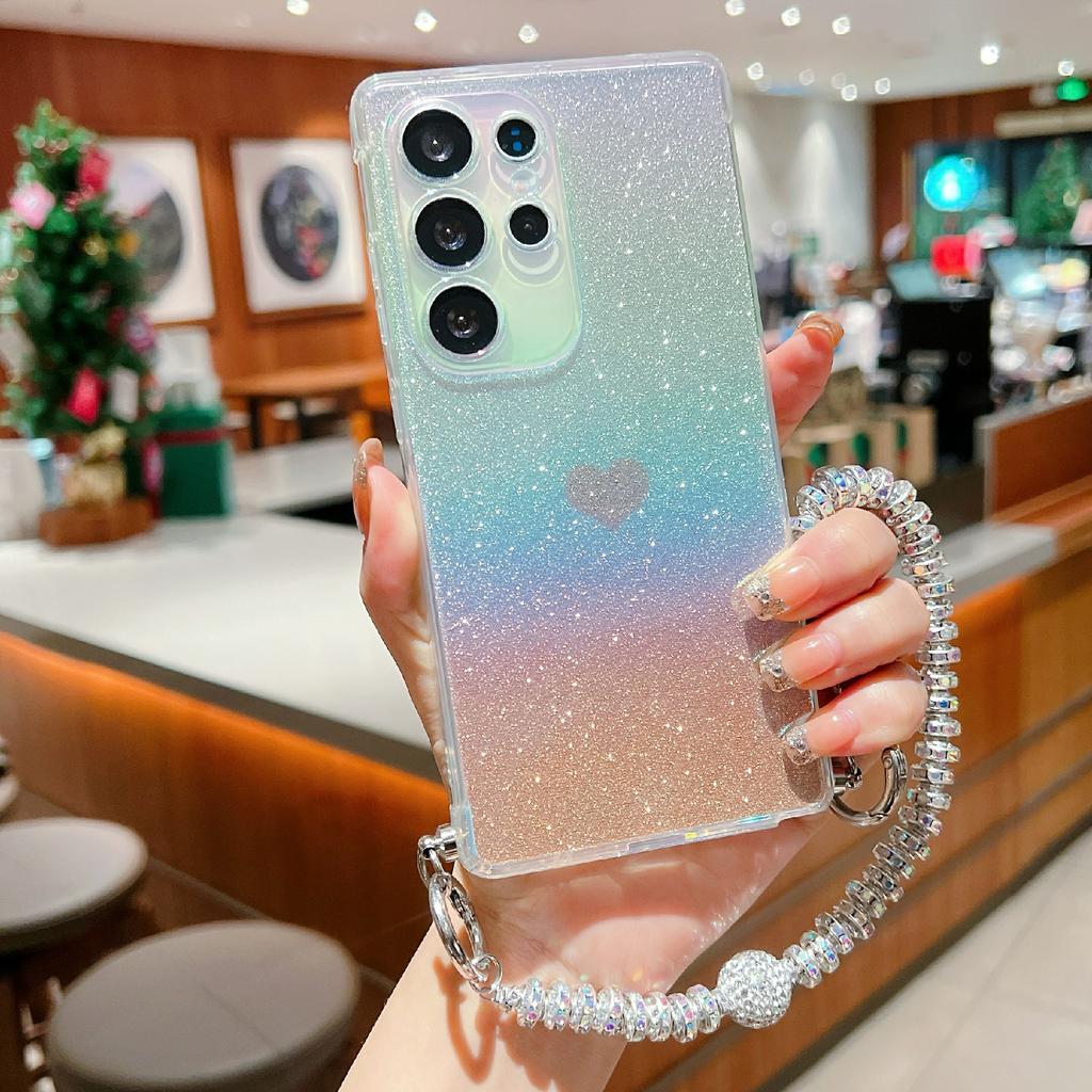 For Samsung Galaxy S25 Ultra Case Heart Glitter Gradient TPU Phone Back Cover with Rhinestones Strap