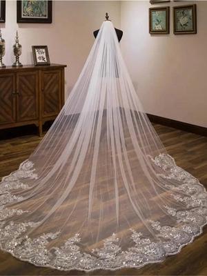 Long Catherdal Wedding Veils for Brides Bridal Veil 1 Tier Veils Floral Lace Soft Tulle Veils with Comb 3x3m