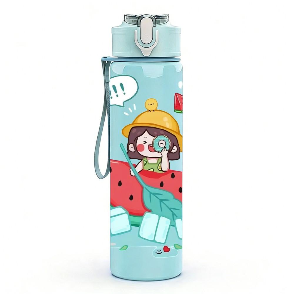1PC Girl Hold Watermelon Summer Cartoon Print 750ml Color Plastic Sports Water Bottle Leakproof Flip Straw Lid Suitable for Sports Office Home Use