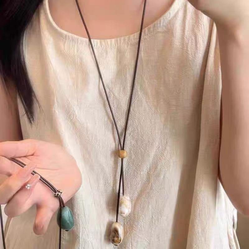 Elegant Long Oval Pendant Necklace Chinese Style Forest System Simple Vintage Zen Design Jewelry Accessory