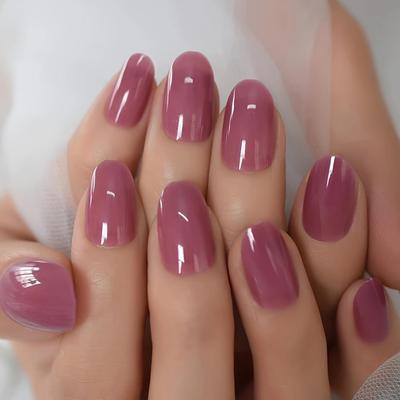 24pcs/set Mid-length Almond Press On Nails, Solid Color Glossy Fake Nail, Full Cover Nails For Women