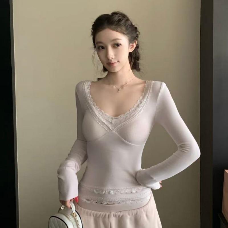 Women S Slim Fit Lace Splice Knit Top For Fall Winter