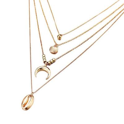 Boho Kadın Cowrie Kabuk Ay Metal Top Charm Çok Katmanlı Zincir Kolye Takı