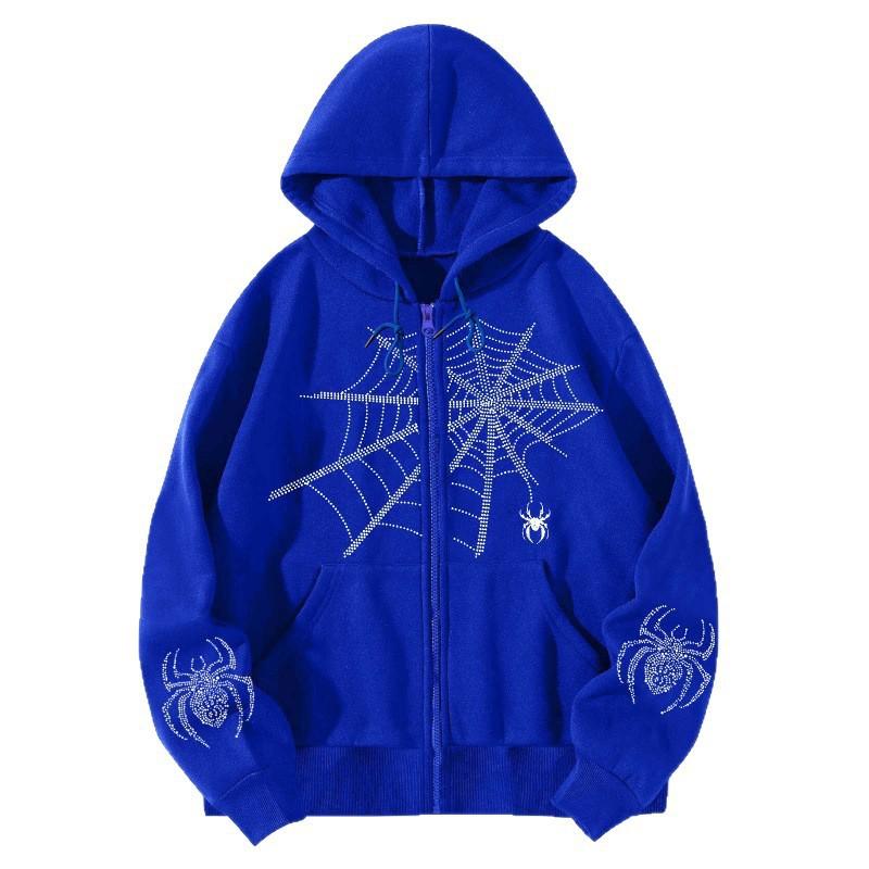 Mens Oversized Hooded Zip-Up Sweatshirt With Spider Print Retro American Style Loose Fit Winter Outerwear