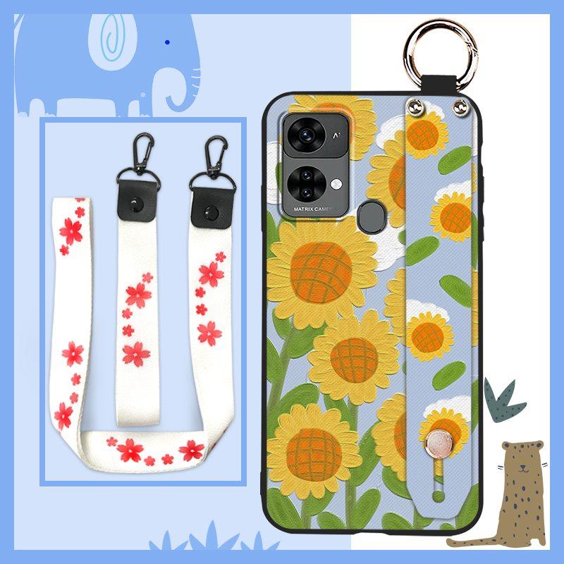 Oil Painting Phone Holder Phone Case For Oukitel C33 Back Cover Anti-dust Protective Anti-knock Lanyard Silicone Flower