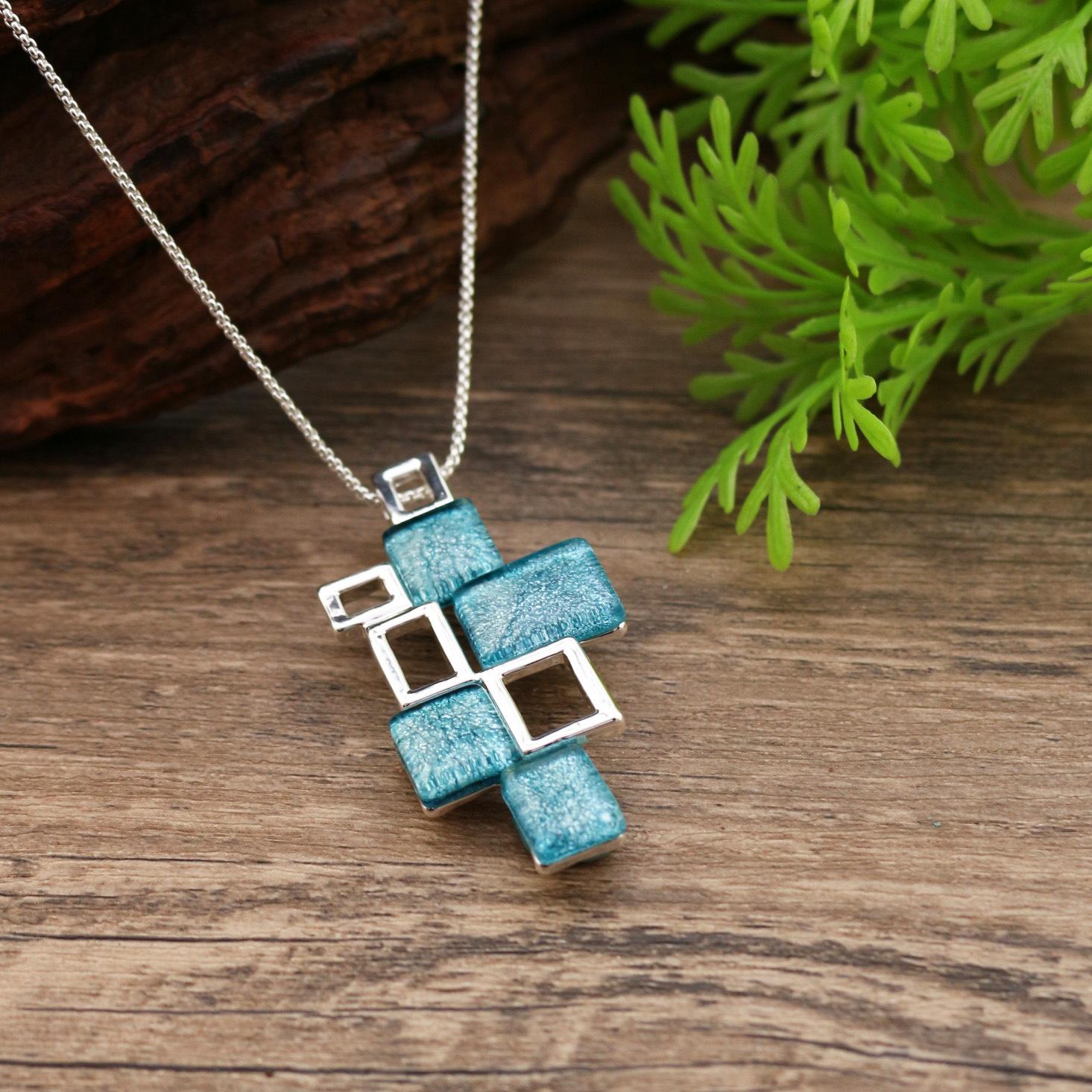 

New geometric square blue marble pattern small pendant women s fashion simple irregular square necklace