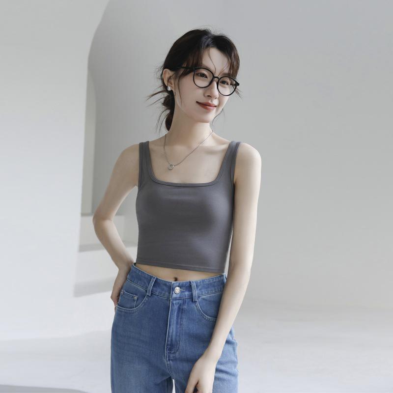 Women s Square Neck Cotton Camisole with Built-in Bra, Cropped & Sleeveless, Anti-Exposure Innerwear Top S (up to 95 lbs)