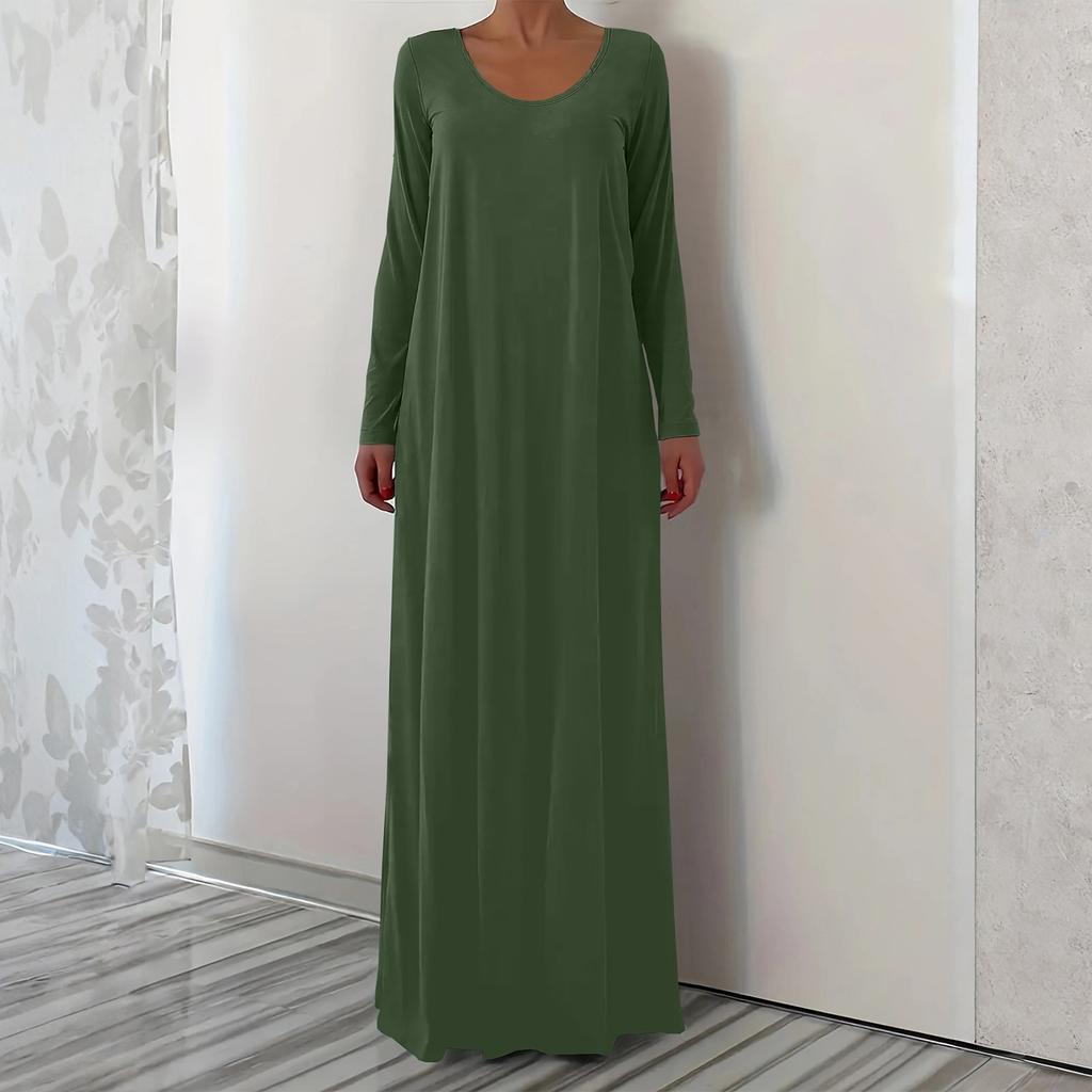 Damen Modisches Einfarbiges V-Ausschnitt Langarm Lässiges Locker Sitzendes Überziehkleid Lang