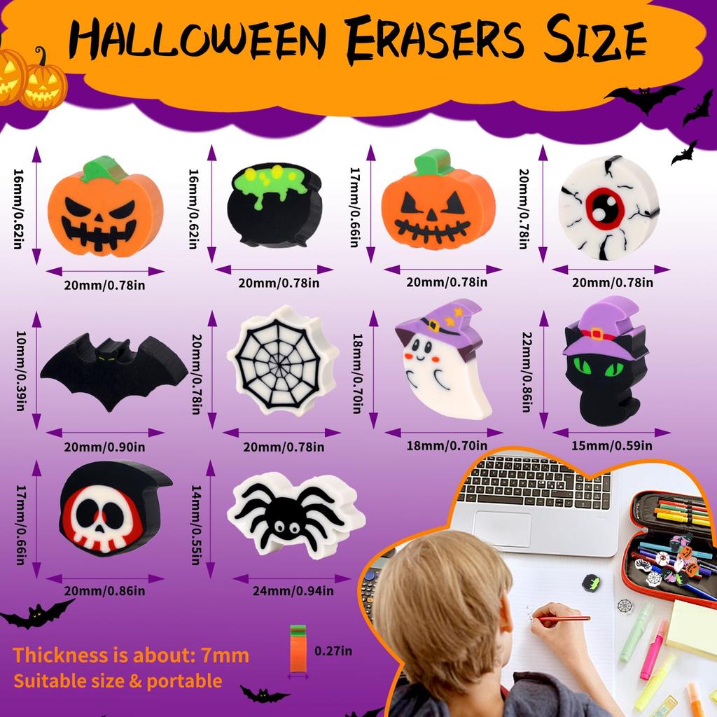 60 Pieces Halloween Erasers for Kids Bulk - Cute Double-Sided Printed Pumpkin Bat Ghost Pencil Erasers in Rubber, Mini 0.8-1 Inch School Supplies