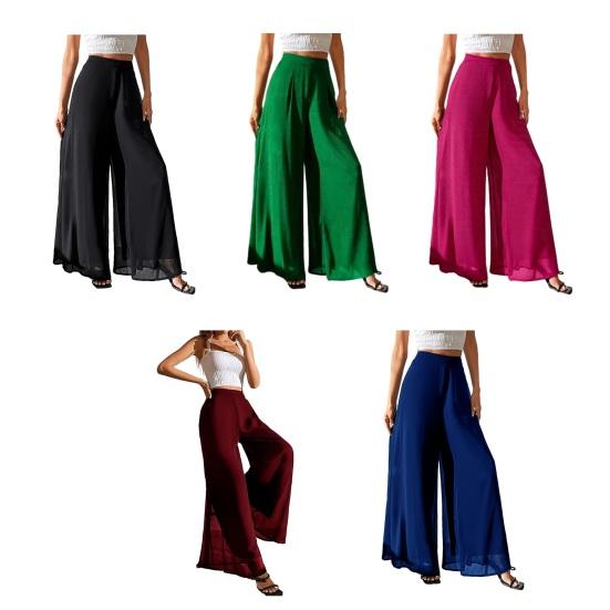 Women Pants Elastic High Waist Wide Leg Loose Fit Casual Trousers Summer Chiffon Long