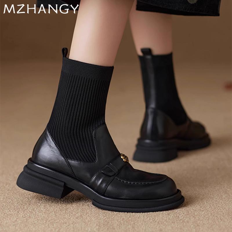 Fashion Women Leather Ankle Boots Knitting Chunky Shoes Woman 2025 Trend Winter Low Heels Fashion Dress Walking Snow Boots Mujer Botas